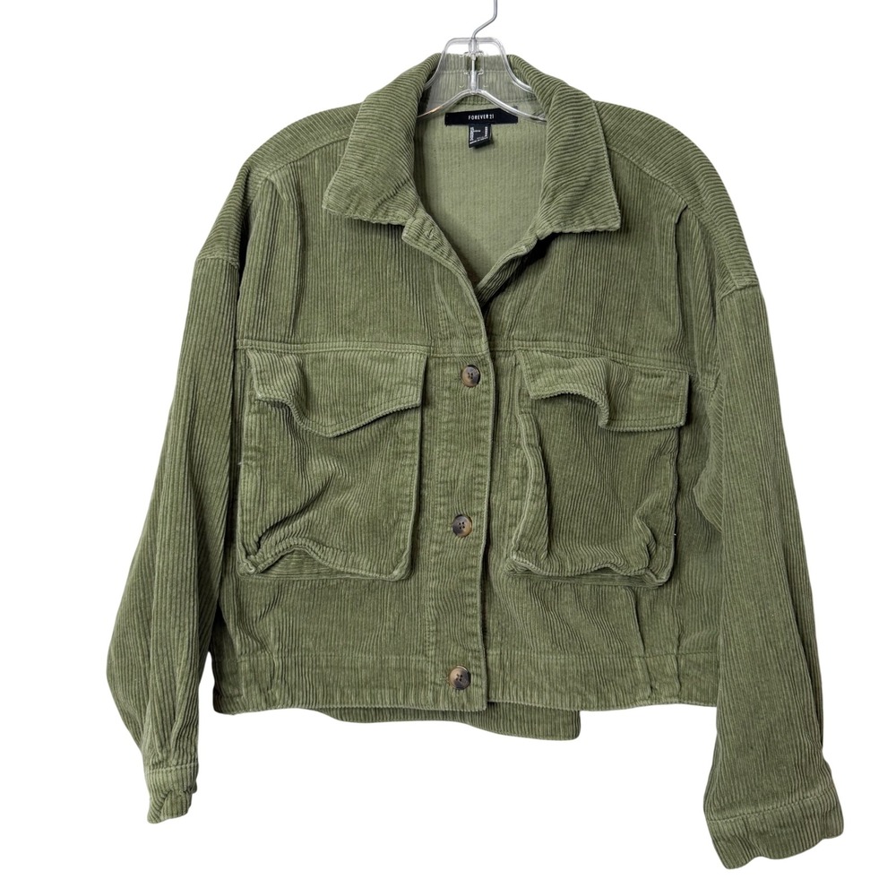 Forever 21 Corduroy Jacket Womens Medium Green Boxy Utility Trucker Pocket